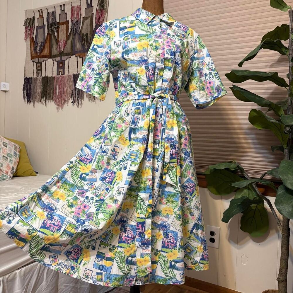 Studio Park Novelty Travel Stamp Print Cotton Blend  Midi Dress SZ M